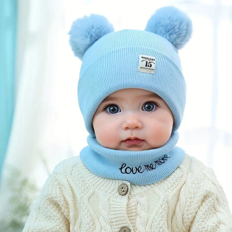 2pcs Winter Baby Hat Scarf Set Toddler Girl Boy Cap Knitted Beanie Fur Ball Cartoon Bear Snow Outfit Infant Accessories