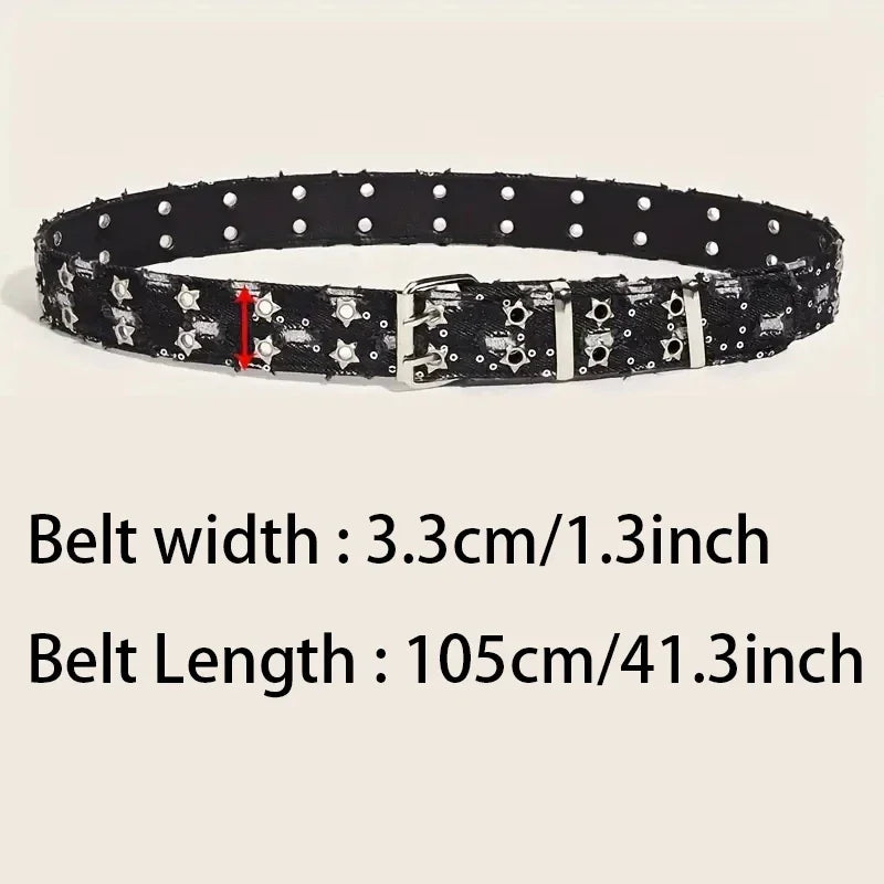 1PC New Fashion Luxury Belt Black Punk Accessories Blue Denim Girdle HipHop Y2k Star Hollowed Pin Buckle Waistband，For Men Women