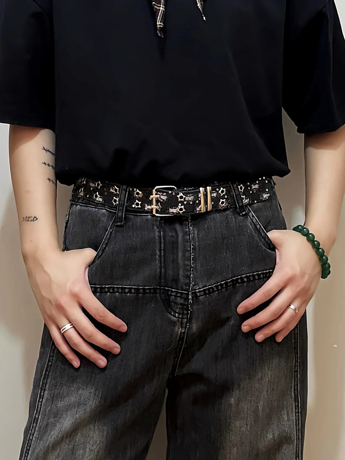 1PC New Fashion Luxury Belt Black Punk Accessories Blue Denim Girdle HipHop Y2k Star Hollowed Pin Buckle Waistband，For Men Women