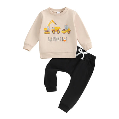 2024-05-30 Lioraitiin Little Boy Birthday Outfit, Excavator Print Long Sleeve Sweatshirt Pants with Pockets 2Pcs Set for Fall