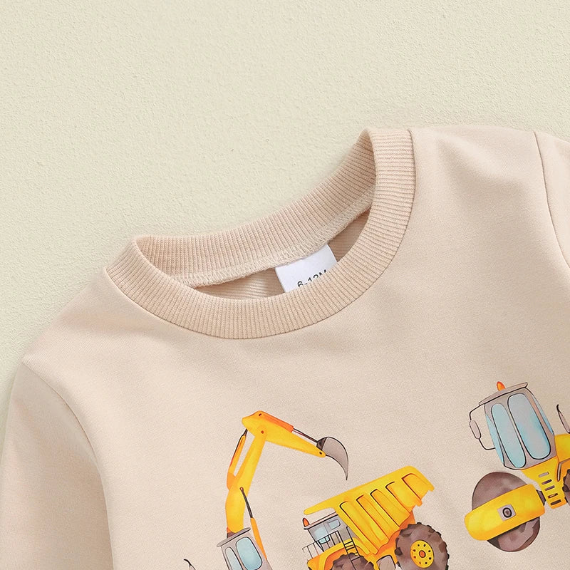 2024-05-30 Lioraitiin Little Boy Birthday Outfit, Excavator Print Long Sleeve Sweatshirt Pants with Pockets 2Pcs Set for Fall