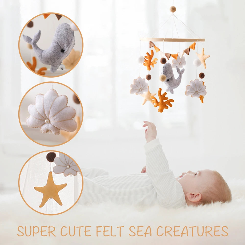 Blue Whale Baby Crib Mobile Newborn First Toy Non Woven Fabric Bamboo Ring Shape Cognition Auditory Development Nursery Decor