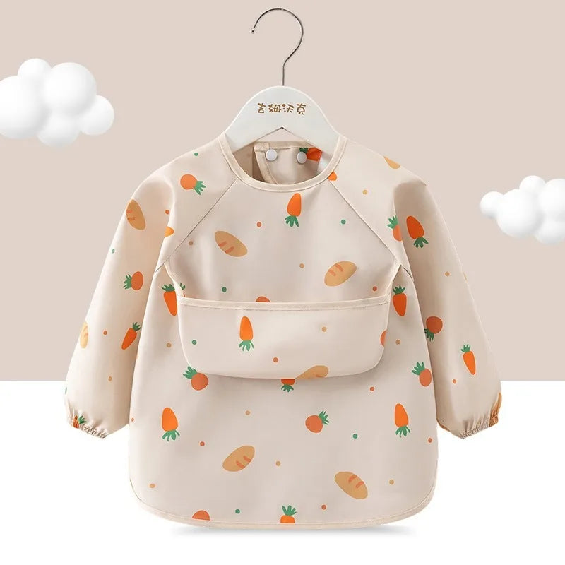 1PC Child Feeding Bib Waterproof Long Sleeve Apron Rice Pocket Feeding Blouse Toddler Bibs Children's Summer Thin Feeding Smock