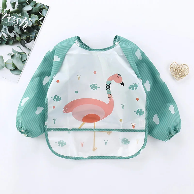 Baby Bibs Cute Colorful Cartoon Waterproof Bib Infant Eating Children Drawing Long Sleeve Pocket Apron Self Feeding Baby 0-3Y