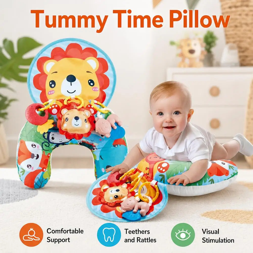 Baby Tummy Time Pillow with Rattle Toys, Multifunctional Crawling Mat Play Gym for Infants, Colorful Cartoon Animals Support Cus