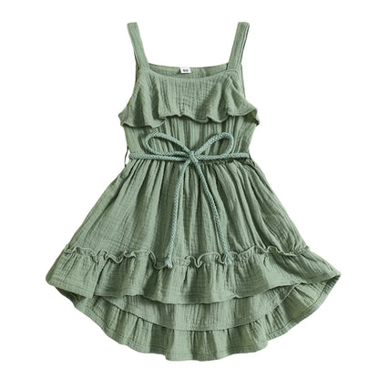 2024-05-07 Lioraitiin Baby Girl Summer Dress Casual Sleeveless Square Neck Belted Dress Toddler A-Line Dress