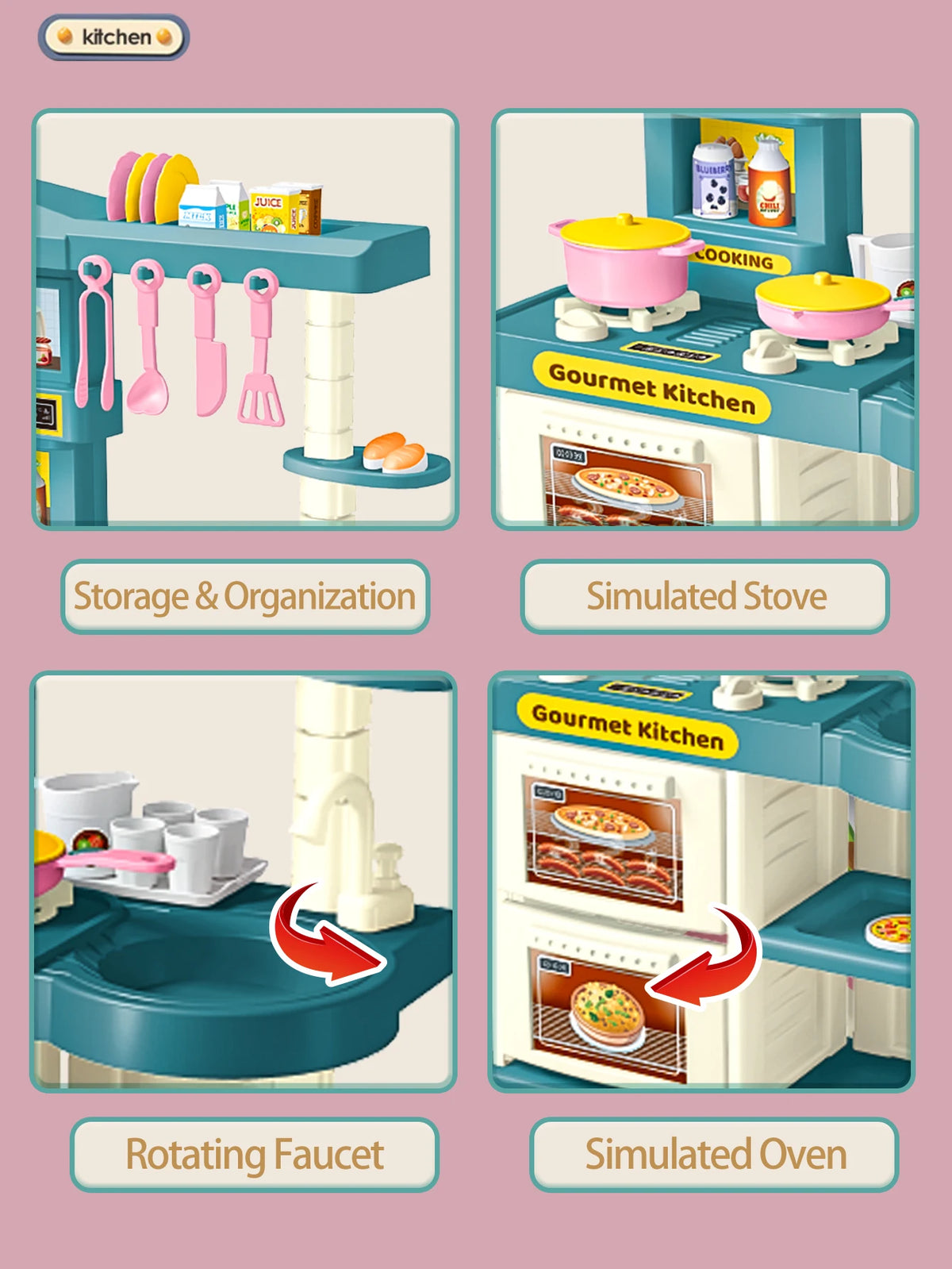 Play Kitchen Accessories, Playset Toys for Kids Foods Pots Pans Milk Bread Fork for 3+ Boys and Girls