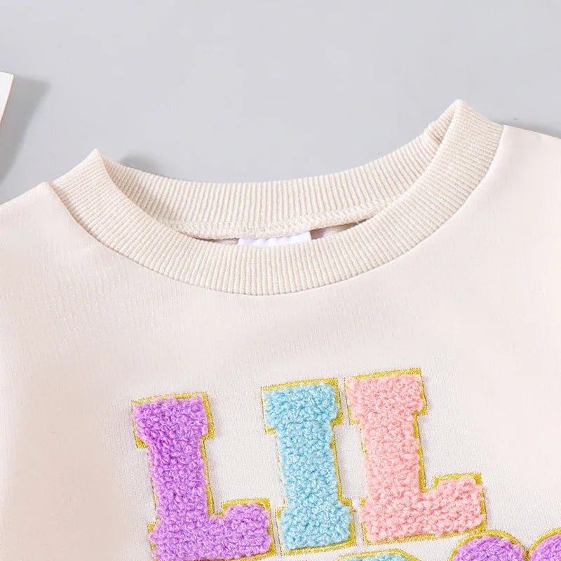 2024-07-27 Kids Girls Skirt Set Long Sleeve Embroidery Letters Sweatshirt with Flower Tulle Skirt 2-piece Outfit