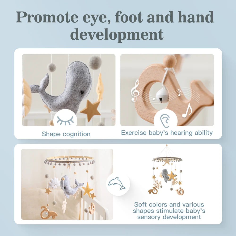 Blue Whale Baby Crib Mobile Newborn First Toy Non Woven Fabric Bamboo Ring Shape Cognition Auditory Development Nursery Decor