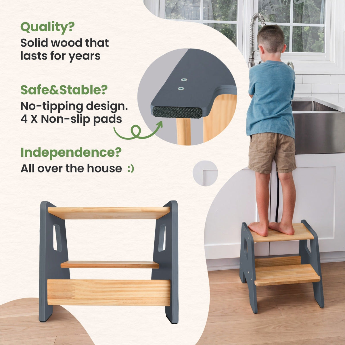 2-Step Wooden Stool for Toddlers(Step Stool for Children Ages 2+)