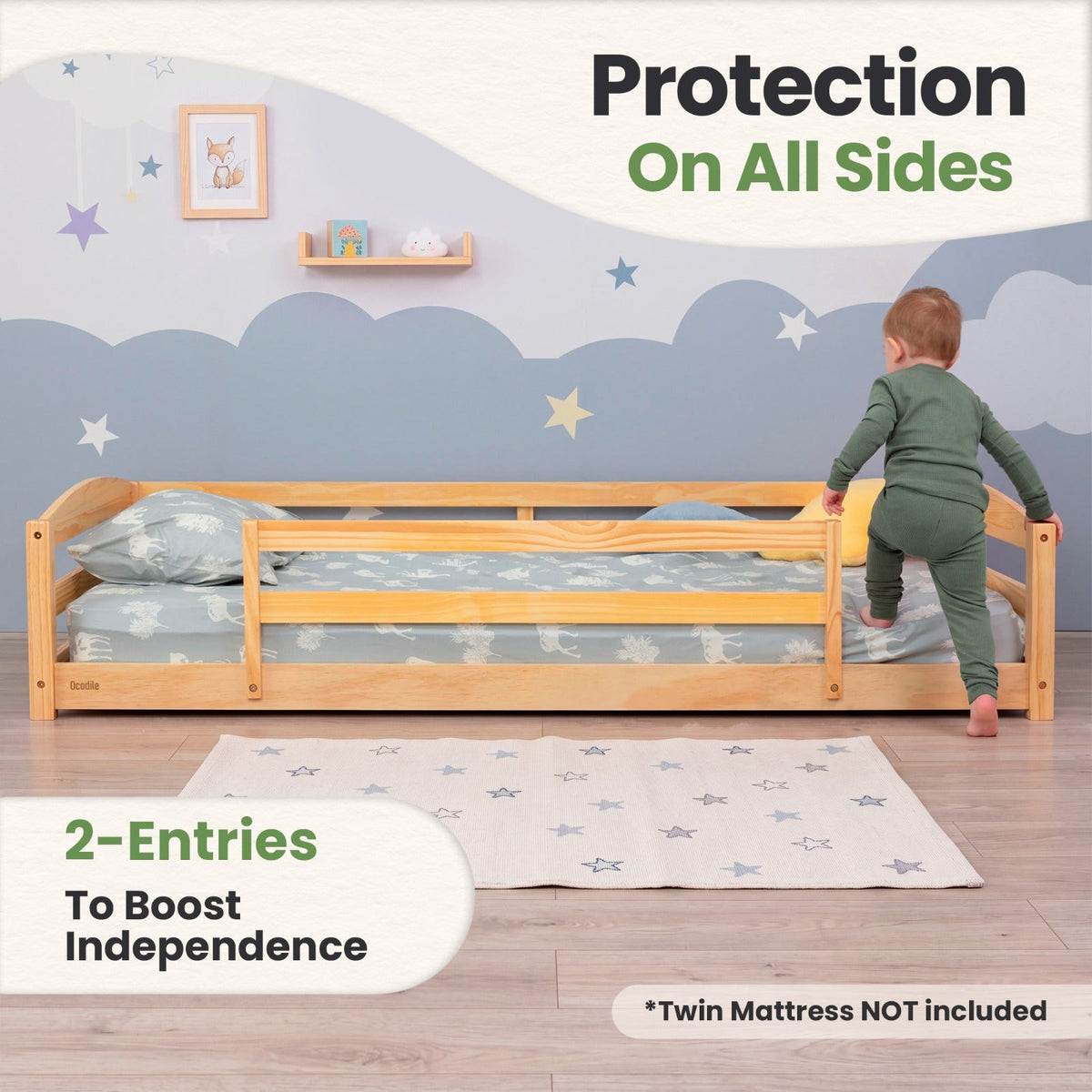 Twin Size Montessori-Inspired Floor Bed with Safety Guardrails for Kids