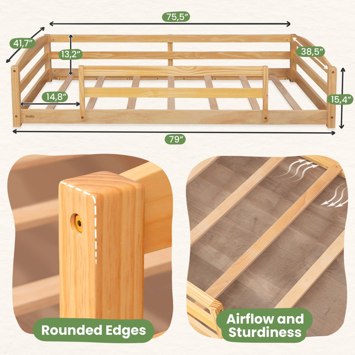 Twin Size Montessori-Inspired Floor Bed with Safety Guardrails for Kids