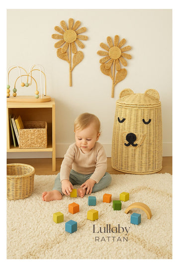 Rattan Bear Hamper Basket | Kids Toy Storage & Nursery Laundry Basket