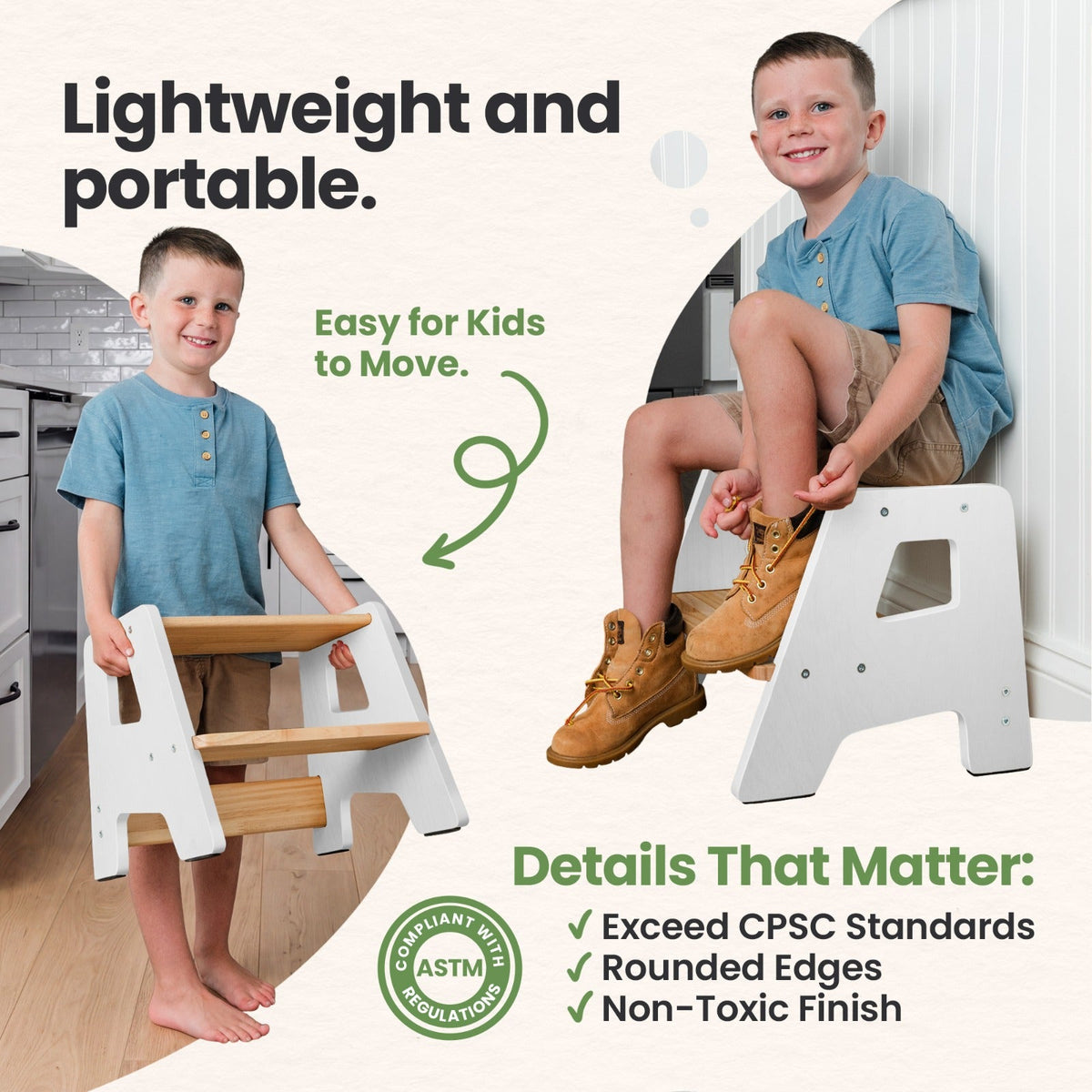 2-Step Wooden Stool for Toddlers(Step Stool for Children Ages 2+)