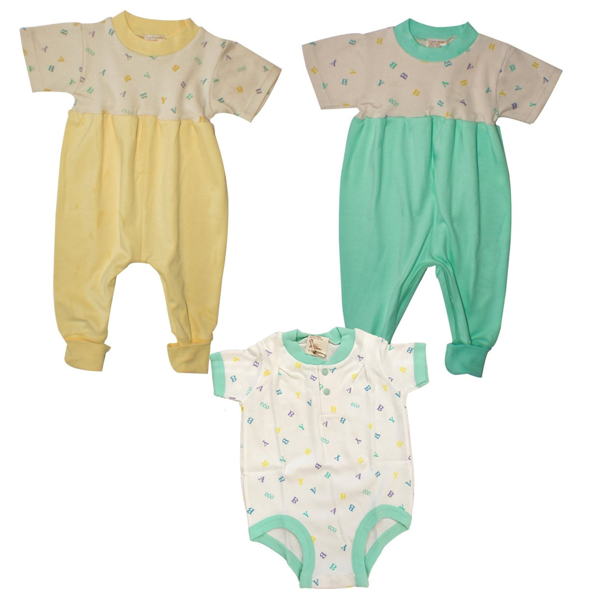 Organic Cotton Zip Crotch Easy Change Jumpsuits  Zip Jumpsuit 1 Mint And 1 Yellow, Eco Bodysuit 1218M