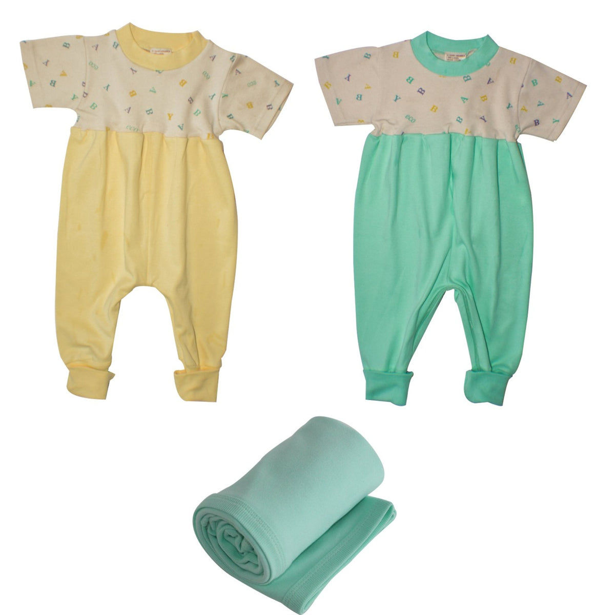 Organic Cotton Zip Crotch Easy Change Jumpsuits  Zip Jumpsuit 1 Mint And 1 Yellow, Blanket Mint 06M