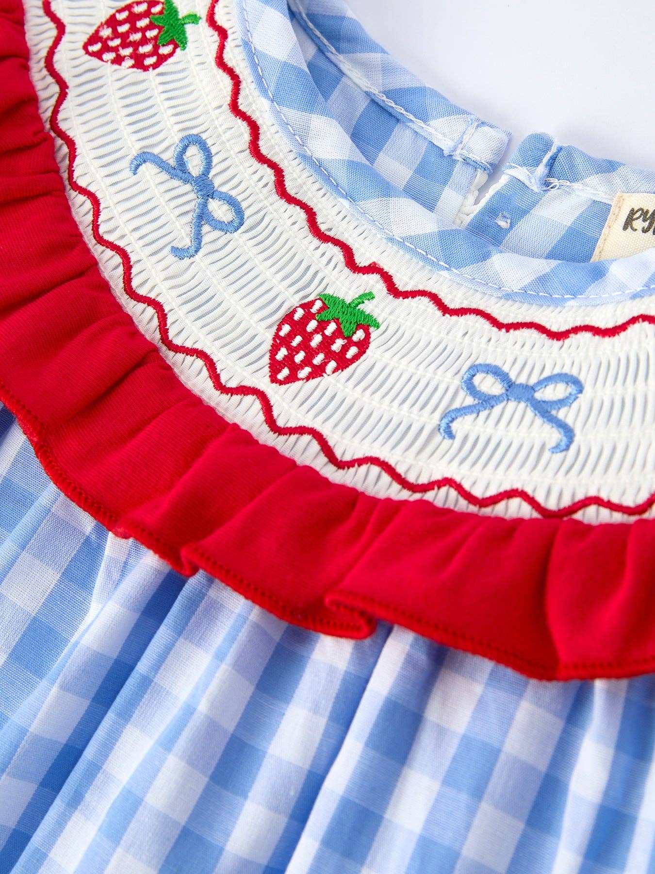 Rylee Faith Designs - Girls Summer Strawberry Bow Embroidered Smocked Dress