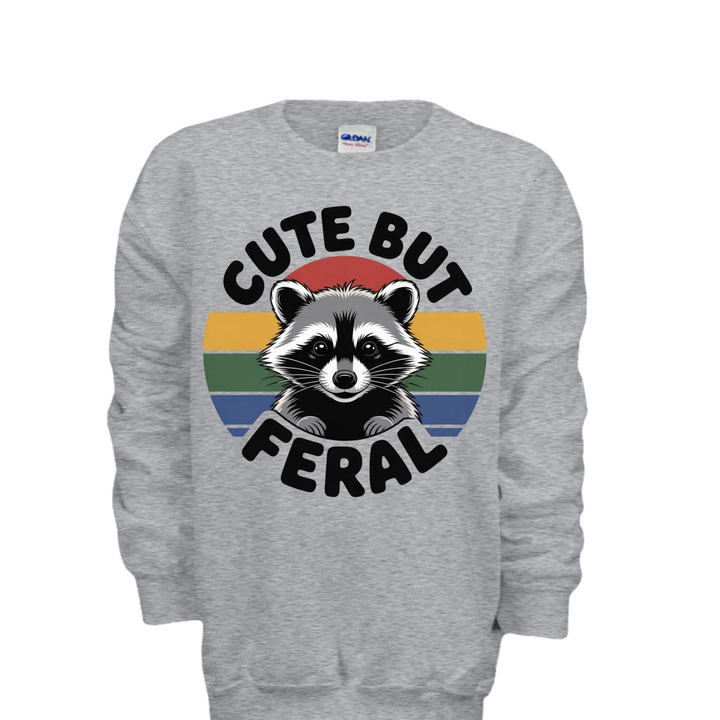 Cute But Feral Raccoon Kids Sweatshirt (Retro Stripe Graphic)