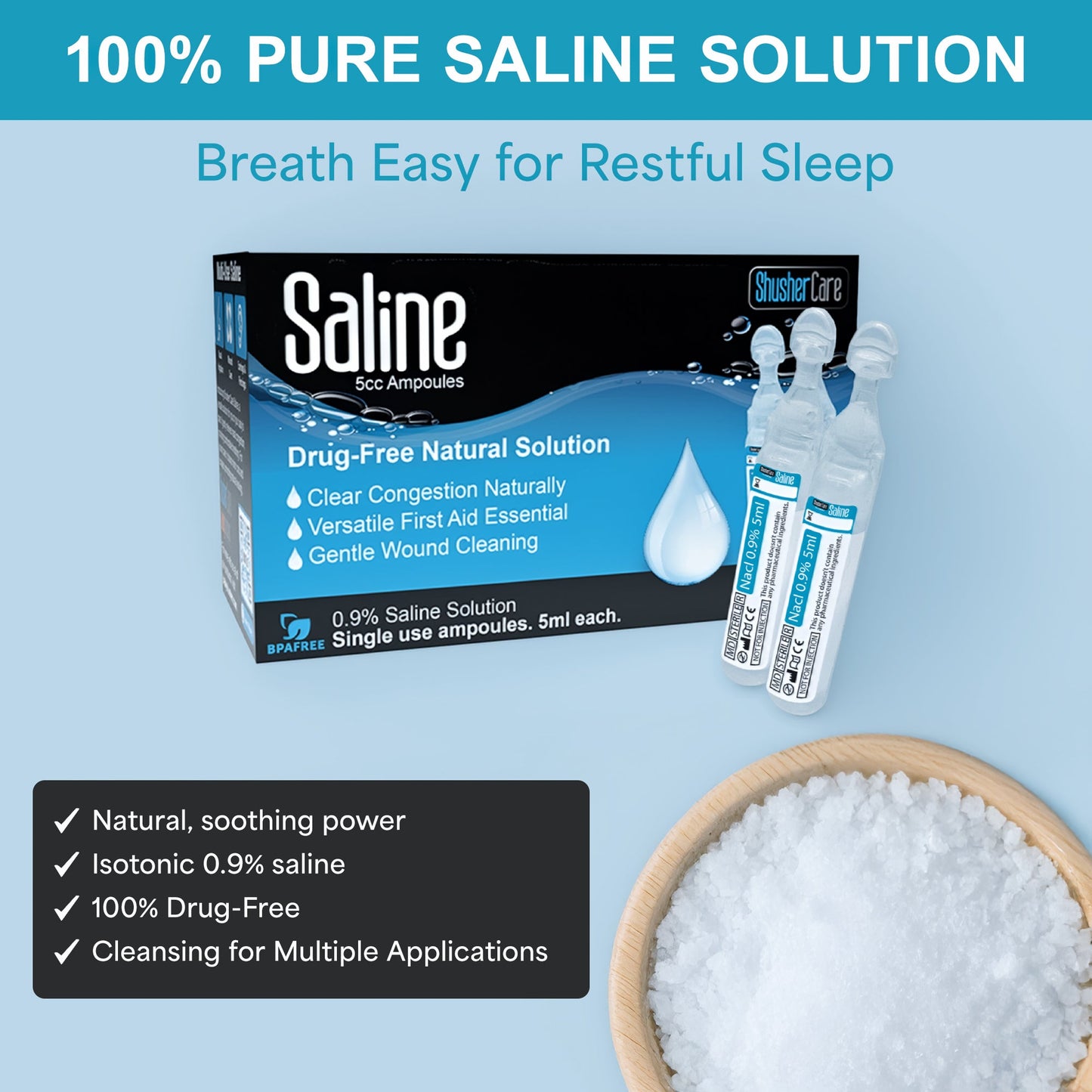 Shusher Care Saline Ampoules – Sterile Single-Use Saline Solution for Nasal, Wound & Piercing Care - 20 Count