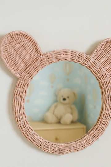 Kids Pink Rattan Teddy Bear Wall Mirror – Baby Girl Nursery & Kids Room Décor Gift